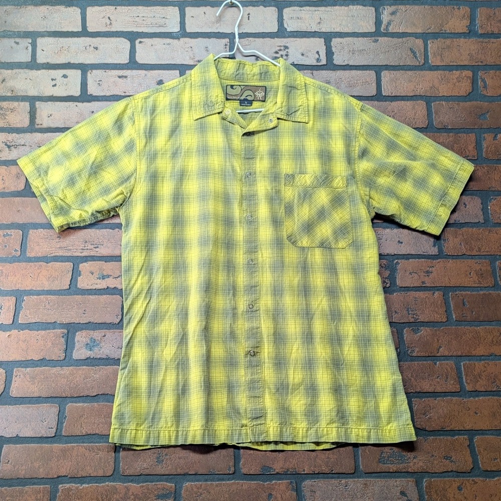 Prana Men's L Yellow‎ Grey Plaid Check Shirt | Wrinkle Free Cotton Snap Up
